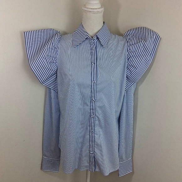 Neubyrne Women's Puff Sleeve Stripped Blue Blouse Size Large NWT - Picture 2 of 9
